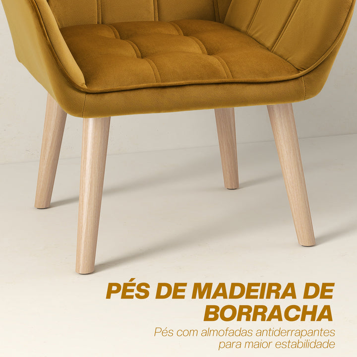 Poltrona Moderna Poltrona de Leitura Estofada em Veludo com Assento Amplo Pés em Madeira Poltrona Relax para Sala de Estar Quarto 67x61,5x71 cm Amarelo