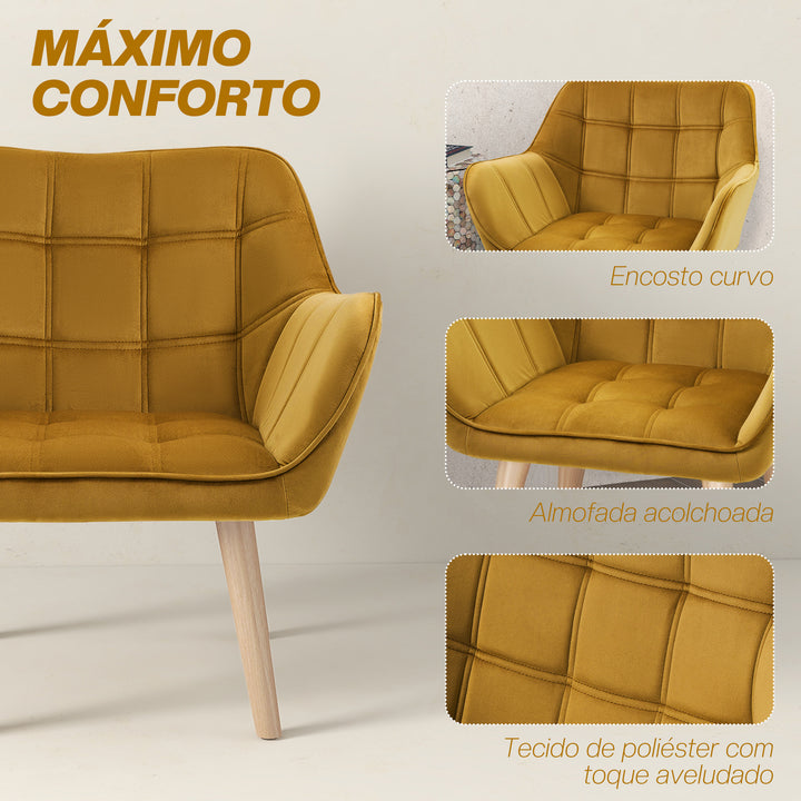 Poltrona Moderna Poltrona de Leitura Estofada em Veludo com Assento Amplo Pés em Madeira Poltrona Relax para Sala de Estar Quarto 67x61,5x71 cm Amarelo