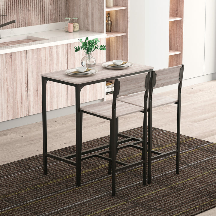 Conjunto de Mesa de Bar com 2 Bancos Conjunto de 3 Peças com 2 Bancos com Encosto e Apoio para Pés Desenho Industrial para Cozinha Sala de Estar Bar Madeira e Preto