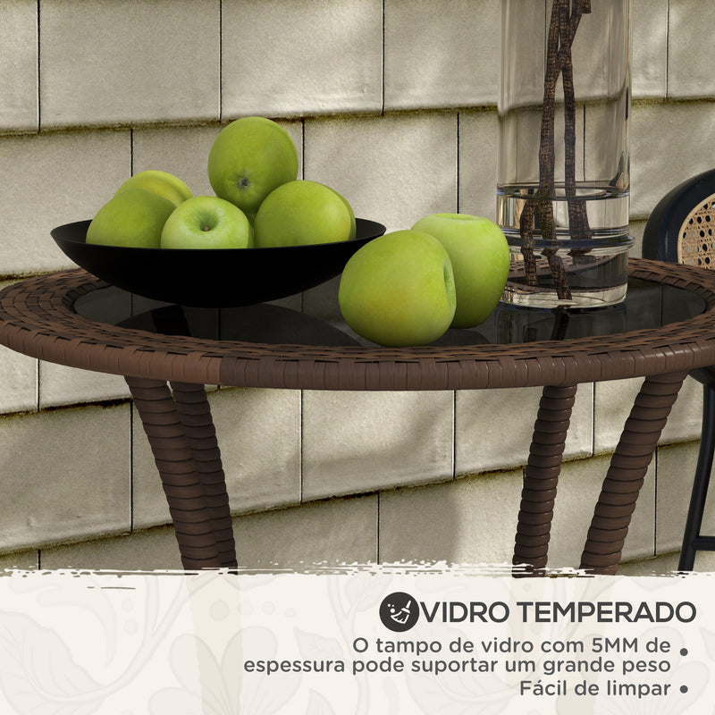 Mesa de Vime Redonda Ø64x71 cm Mesa de Jardim com Estante Estrutura de Aço e Tampo de Vidro Suporta 50 kg para Terraço Pátio Castanho