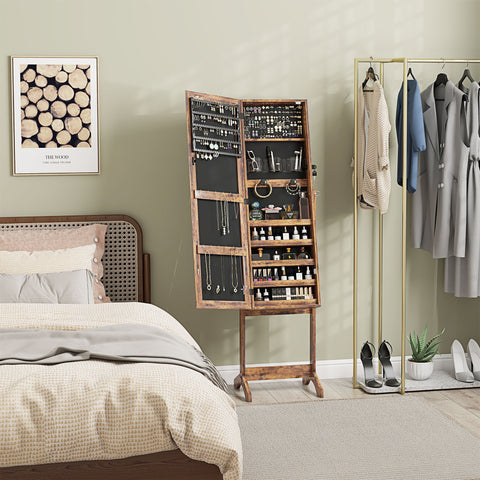 Joalheiro de Pé Armário para Jóias com Fita de Luz LED e Fechadura Magnética Organizador de Jóias com Prateleiras Ranhuras para Anéis Brincos 46x36,5x151,5 cm Madeira