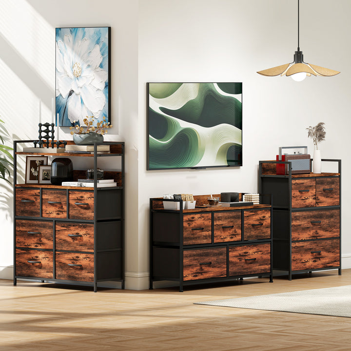 Cómoda com 5 Gavetas de Tecido Cómoda de Estilo Industrial com Estrutura Metálica para Sala de Estar Entrada Quarto 98x29x63 cm Castanho Rústico