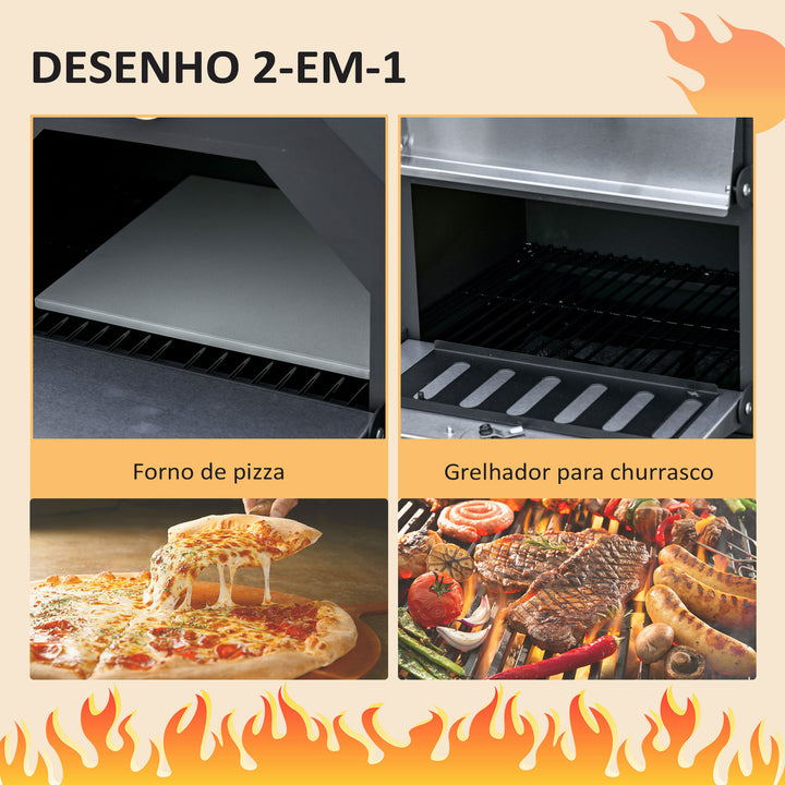 Forno de Pizza Exterior com 2 Camadas Forno a Lenha com Rodas Gaveta Removível Prateleira de Armazenamento para Terraço Campismo Jardim 64x54x160 cm Preto