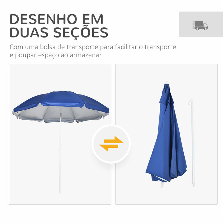 Chapéu de Sol de Praia com Painel Lateral Ø191x211 cm Chapéu de Sol de Praia com Manivela Manual Teto Inclinável 2 Bolsos e 2 Janelas para Jardim Piscina Azul