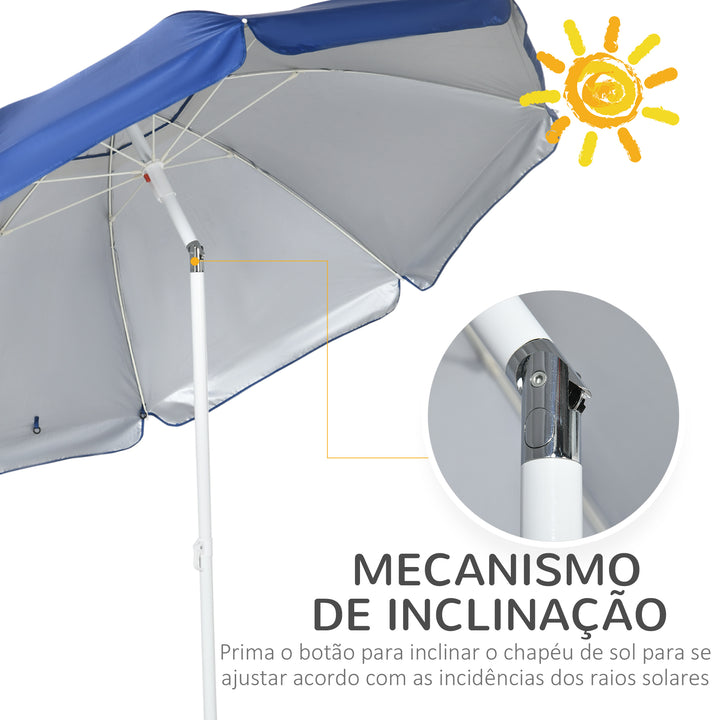 Chapéu de Sol de Praia com Painel Lateral Ø191x211 cm Chapéu de Sol de Praia com Manivela Manual Teto Inclinável 2 Bolsos e 2 Janelas para Jardim Piscina Azul