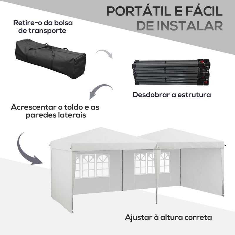 Tenda Dobrável 585x295 cm com Paredes Laterais Tenda para Festas com Altura Ajustável Bolsa de Transporte Rodas e 5 Sacos de Areia para Exterior Jardim Pátio Branco