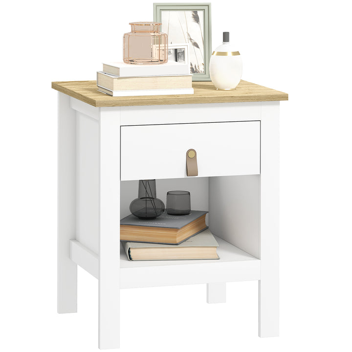 Mesa de Cabeceira Moderna Mesa de Cabeceira com 1 Gaveta Compartimento Aberto Puxador de PU Mesa Auxiliar para Sala ou Quarto 45x40x55 cm Branco