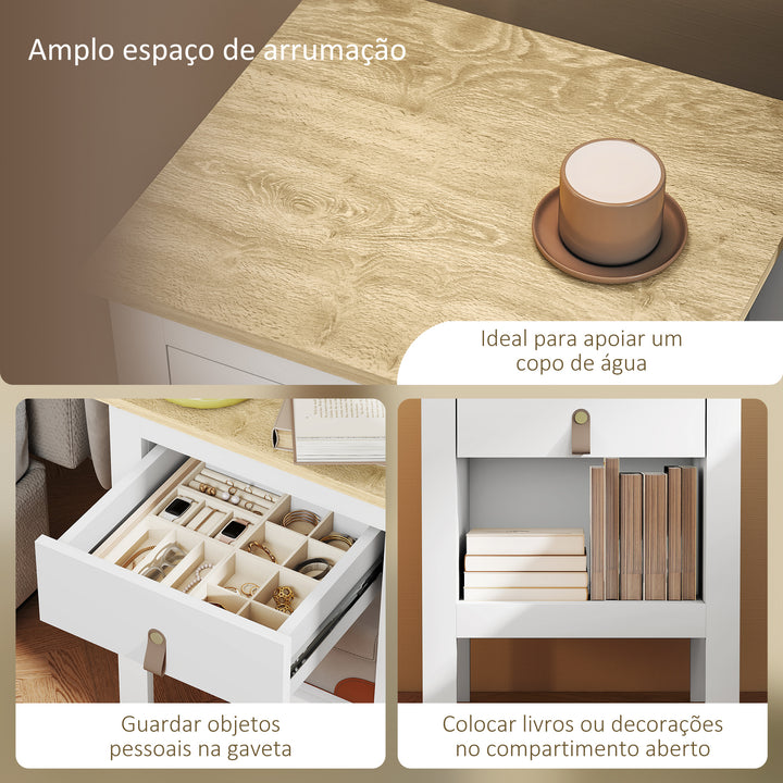 Mesa de Cabeceira Moderna Mesa de Cabeceira com 1 Gaveta Compartimento Aberto Puxador de PU Mesa Auxiliar para Sala ou Quarto 45x40x55 cm Branco