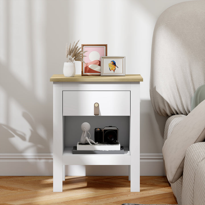 Mesa de Cabeceira Moderna Mesa de Cabeceira com 1 Gaveta Compartimento Aberto Puxador de PU Mesa Auxiliar para Sala ou Quarto 45x40x55 cm Branco