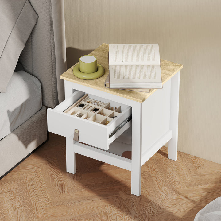 Mesa de Cabeceira Moderna Mesa de Cabeceira com 1 Gaveta Compartimento Aberto Puxador de PU Mesa Auxiliar para Sala ou Quarto 45x40x55 cm Branco