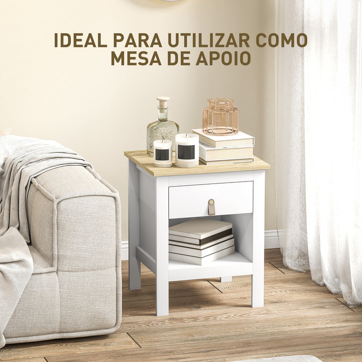 Mesa de Cabeceira Moderna Mesa de Cabeceira com 1 Gaveta Compartimento Aberto Puxador de PU Mesa Auxiliar para Sala ou Quarto 45x40x55 cm Branco