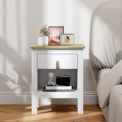 Mesa de Cabeceira Moderna Mesa de Cabeceira com 1 Gaveta Compartimento Aberto Puxador de PU Mesa Auxiliar para Sala ou Quarto 45x40x55 cm Branco