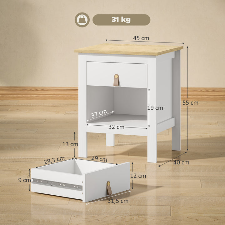 Mesa de Cabeceira Moderna Mesa de Cabeceira com 1 Gaveta Compartimento Aberto Puxador de PU Mesa Auxiliar para Sala ou Quarto 45x40x55 cm Branco