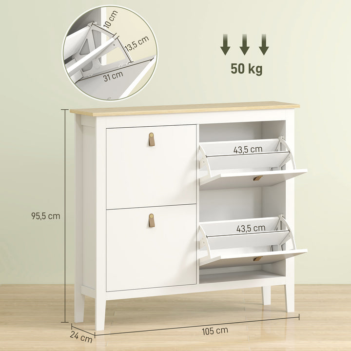 Sapateira Estreita Móvel Sapateira para Entrada com 4 Gavetas Abatíveis Prateleiras Ajustáveis e Puxadores em PU para 20 Pares de Sapatos para Corredor 105x24x95,5 cm Branco