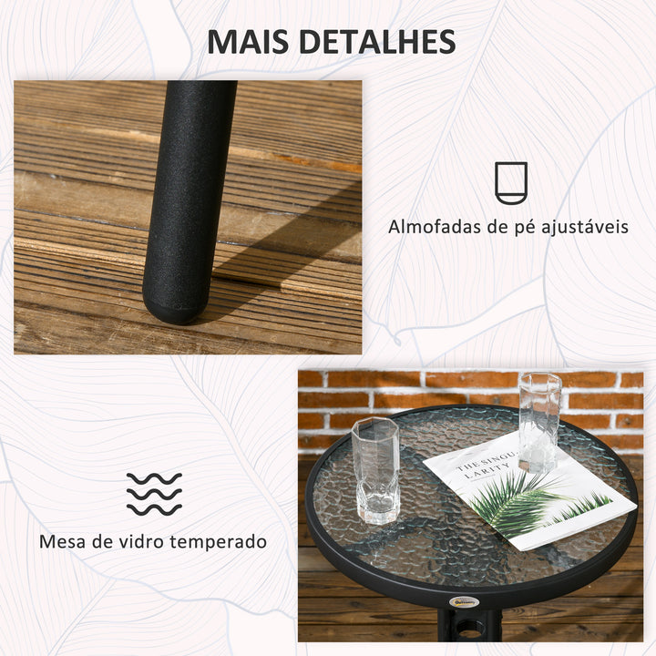 Conjunto de 3 Peças de Vime para Jardim com 2 Cadeiras Empilháveis e 1 Mesa de Centro Redonda com Tampo de Vidro Temperado para Terraço Pátio Marróm