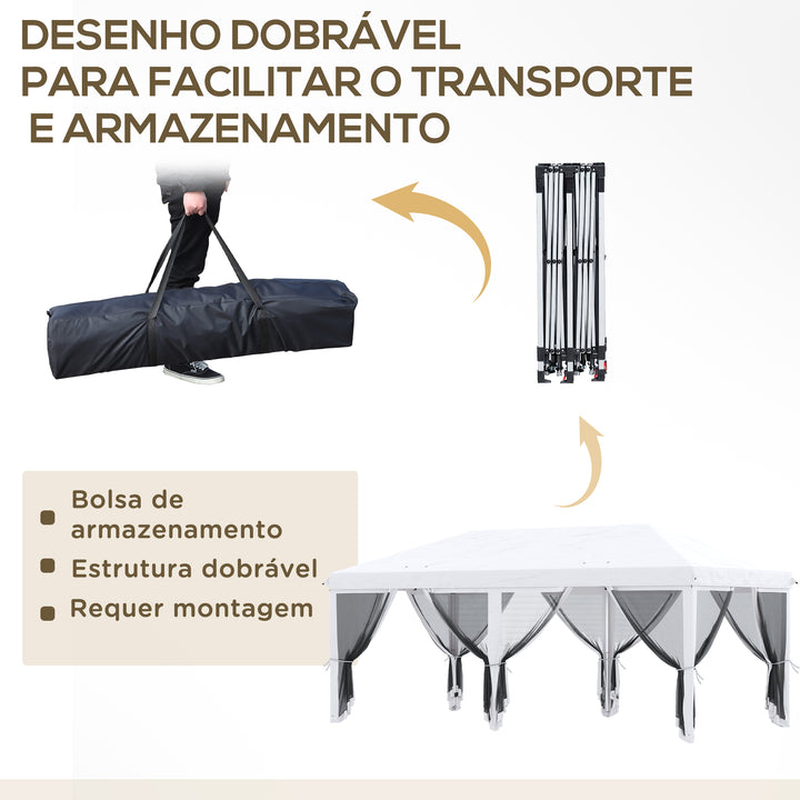 Tenda Dobrável 585x295x270 cm Tenda de Jardim com 6 Mosquiteiros Bolsa de Transporte e Estrutura de Aço para Campismo Festas Cinza