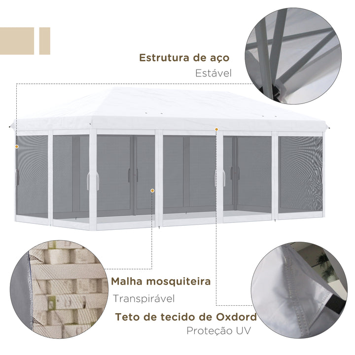 Tenda Dobrável 585x295x270 cm Tenda de Jardim com 6 Mosquiteiros Bolsa de Transporte e Estrutura de Aço para Campismo Festas Cinza