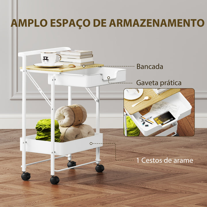 Carrinho Auxiliar com Rodas de 2 Níveis Carrinho de Cozinha com 1 Gaveta e 1 Cesto Carrinho Organizador para Dormitorio Sala Escritório 45x29,5x68 cm Branco