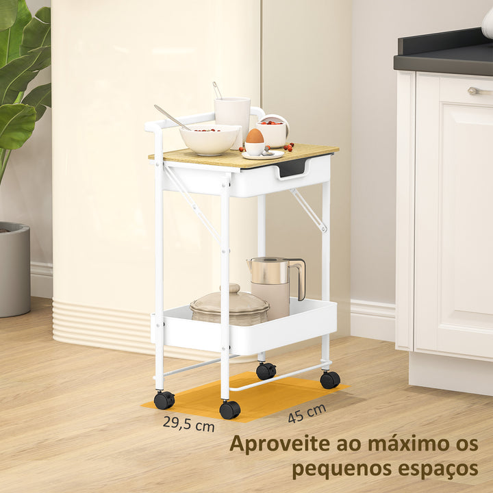 Carrinho Auxiliar com Rodas de 2 Níveis Carrinho de Cozinha com 1 Gaveta e 1 Cesto Carrinho Organizador para Dormitorio Sala Escritório 45x29,5x68 cm Branco
