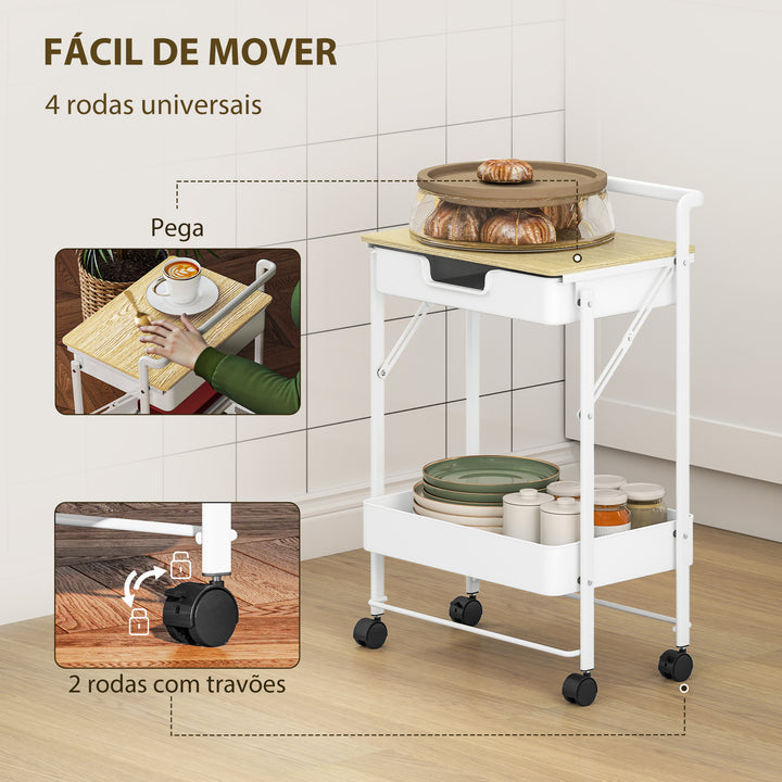 Carrinho Auxiliar com Rodas de 2 Níveis Carrinho de Cozinha com 1 Gaveta e 1 Cesto Carrinho Organizador para Dormitorio Sala Escritório 45x29,5x68 cm Branco