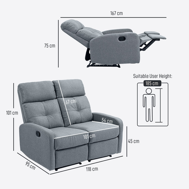 Sofá de 2 Lugares Reclinável Manual Sofá Relax Estofado em Linho com Apoio para Pés Molas e Almofada Espessa para Quarto Sala de Estar 118x95x101 cm Cinzento