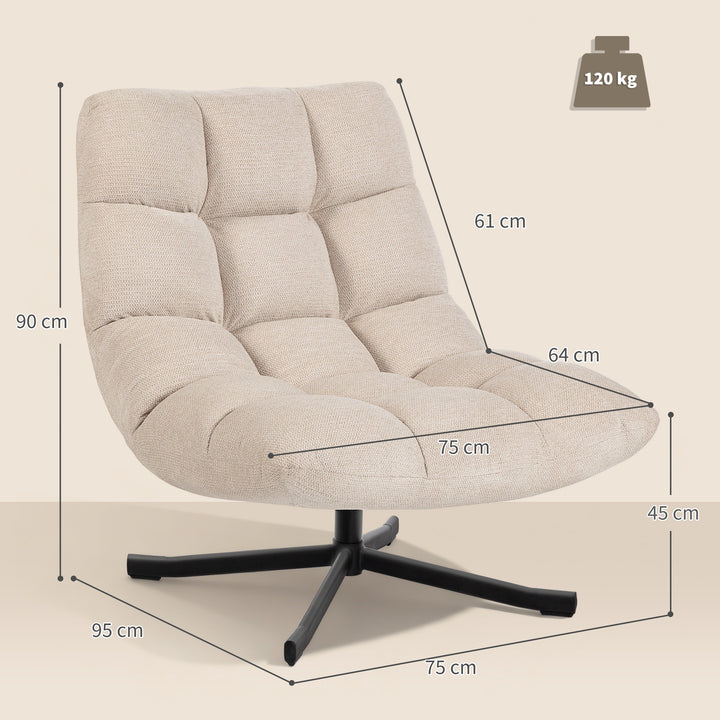 Poltrona Giratória Moderna Poltrona de Sala de Estar com Base de Cruz Estofada em Chenille Impermeável Assento Extra Largo e Pernas de Aço Poltrona Relax para Sala de Estar Quarto 75x95x90 cm Creme