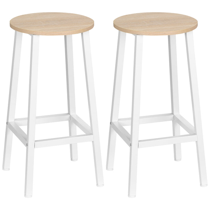 Conjunto de 2 Bancos Altos de Cozinha Bancos de Bar com Pés de Aço e Apoio para os Pés para Sala de Estar Sala de Jantar Carga 75kg 32,5x32,5x65cm Madeira e Branco