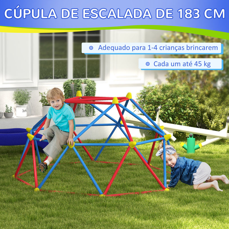 Cúpula de Escalada Conjunto de Cúpula Geométrica Parque Infantil para 3-8 Anos Com Estrutura Metálica Anti-UV Carga 180 kg para Pátio Jardim Ø183x90 cm Vermelho e Azul