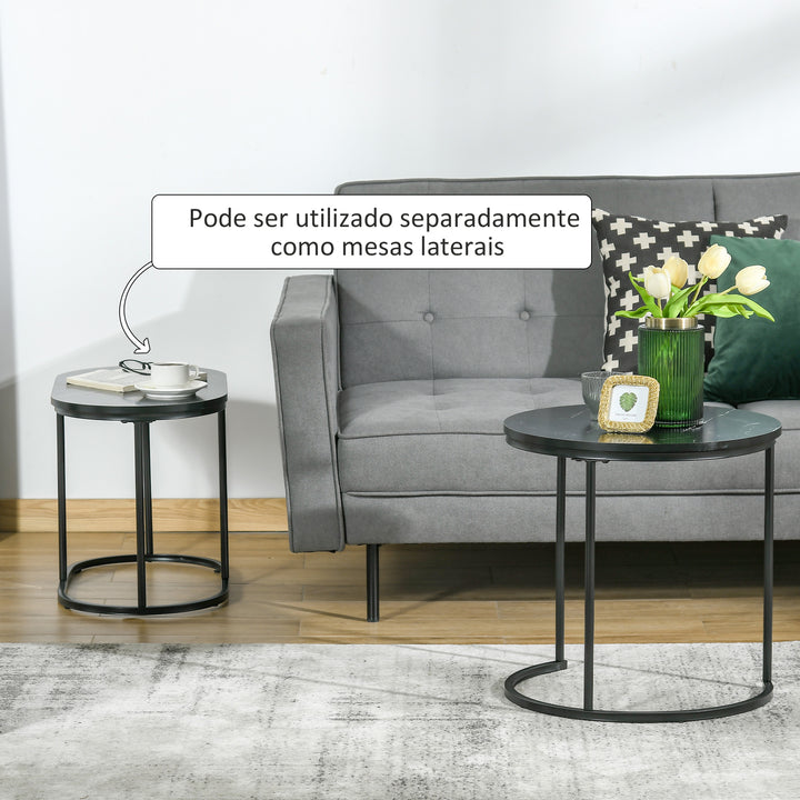 Conjunto de 2 Mesas de Centro Mesas Ninho Modernas Mesas Auxiliares Tampo com Efeito Mármore Estrutura em Aço para Sala Quarto Preto