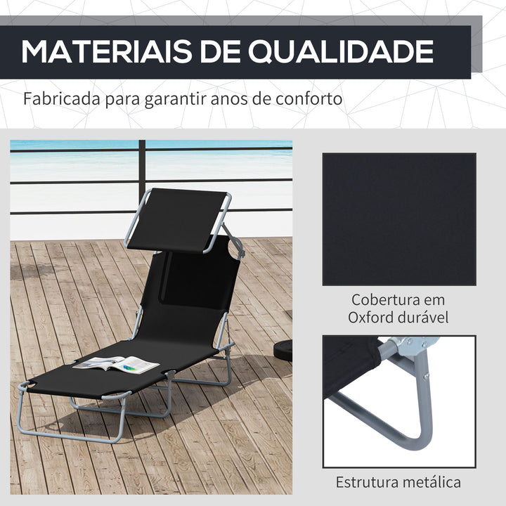 Espreguiçadeira Dobrável reclinável de ferro pano de oxford para jardim 187x58x27cm preto