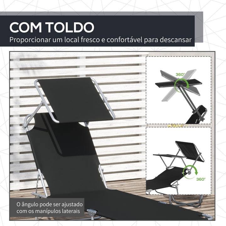 Espreguiçadeira Dobrável reclinável de ferro pano de oxford para jardim 187x58x27cm preto