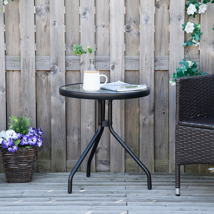 Mesa de Jardim Redonda Mesa de Exterior com Bancada de Cristal Decorativo e Estrutura de Metal para Pátio Terraço Balcão Ø50x55 cm Preto
