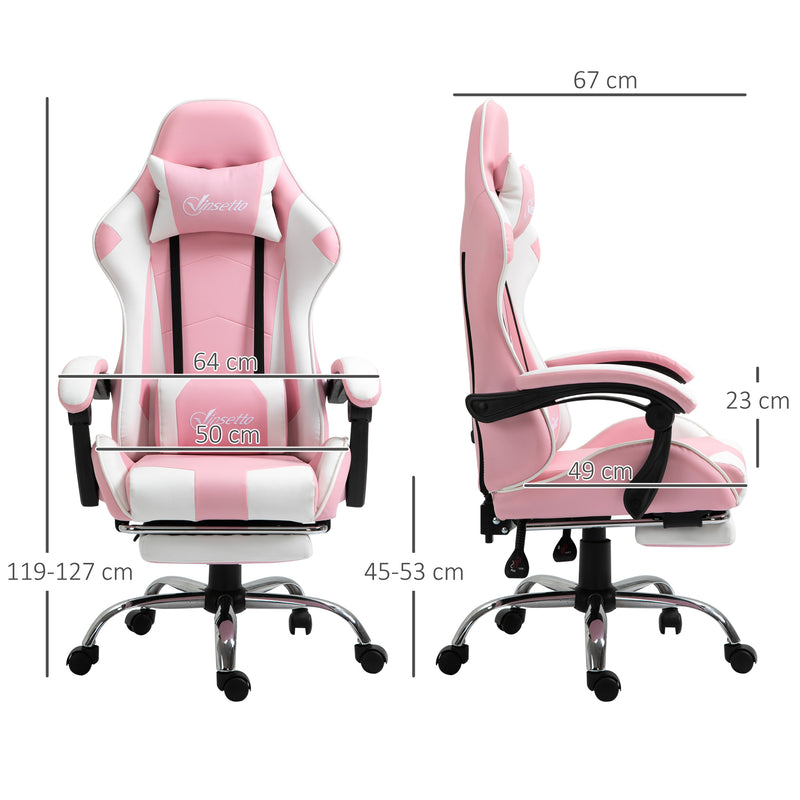 Cadeira de Gaming Reclinável Cadeira Gaming Giratória com Apoio para a Cabeça Apoio para os Pés Almofada Lombar Altura Ajustável para Escritório Estúdio 64x67x119-127 cm Rosa