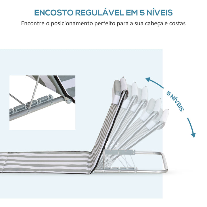 Conjunto de 2 Esteiras de Praia com Encosto Reclinável em 5 Níveis Bolsa de Transporte e Apoio de Cabeça 48x134x33-43 cm Branco e Cinzento