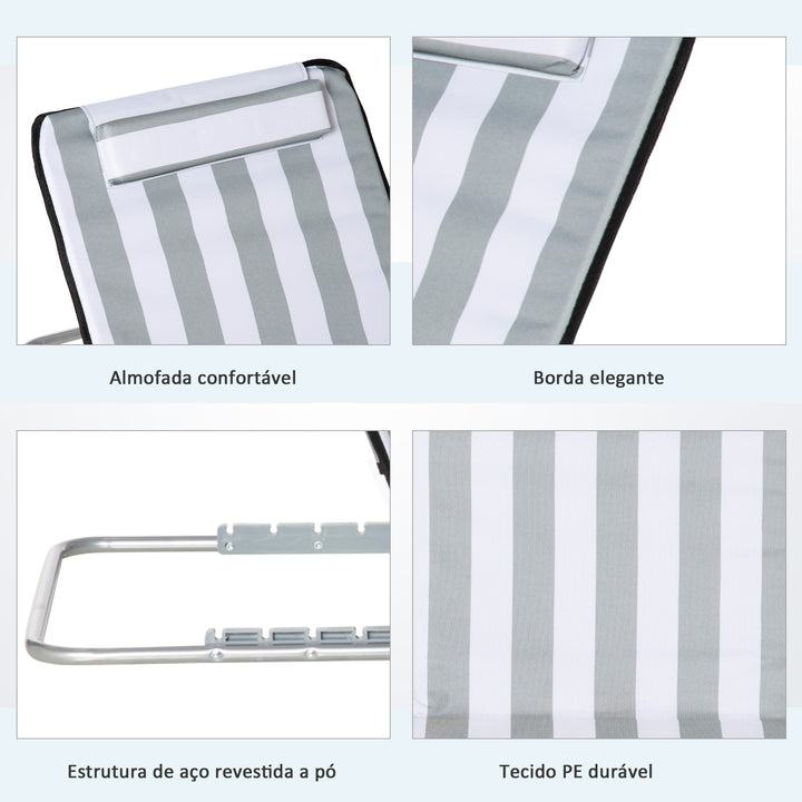 Conjunto de 2 Esteiras de Praia com Encosto Reclinável em 5 Níveis Bolsa de Transporte e Apoio de Cabeça 48x134x33-43 cm Branco e Cinzento
