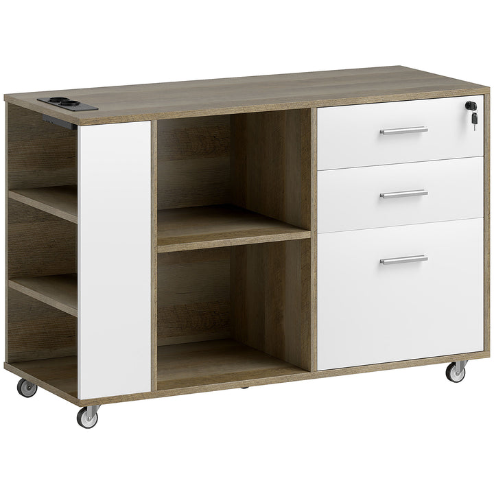 Armário Arquivador de Escritório com Rodas Móvel para Arquivos com 3 Gavetas Estação de Carga Fechadura e Prateleiras 100x40x65,5 cm Marrom Acinzentado
