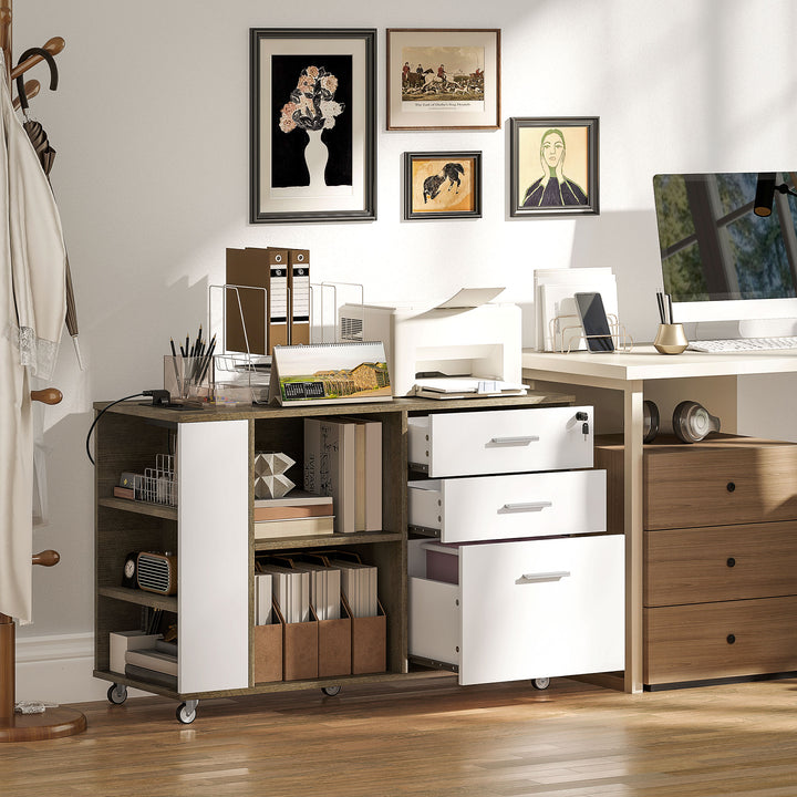 Armário Arquivador de Escritório com Rodas Móvel para Arquivos com 3 Gavetas Estação de Carga Fechadura e Prateleiras 100x40x65,5 cm Marrom Acinzentado