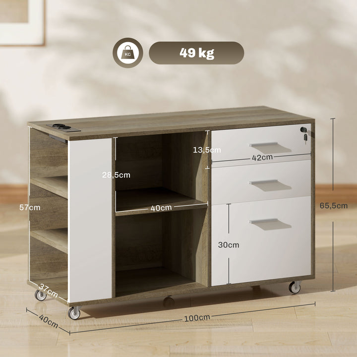 Armário Arquivador de Escritório com Rodas Móvel para Arquivos com 3 Gavetas Estação de Carga Fechadura e Prateleiras 100x40x65,5 cm Marrom Acinzentado