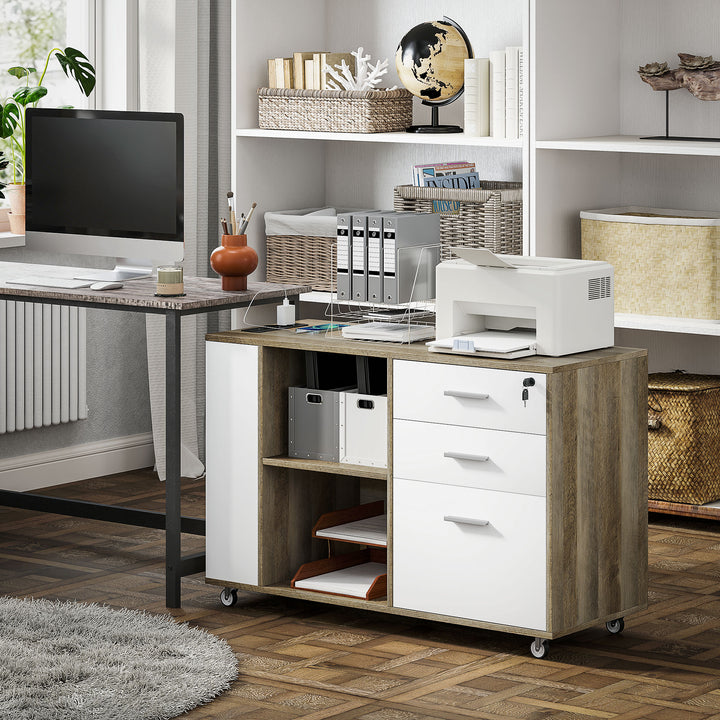 Armário Arquivador de Escritório com Rodas Móvel para Arquivos com 3 Gavetas Estação de Carga Fechadura e Prateleiras 100x40x65,5 cm Marrom Acinzentado