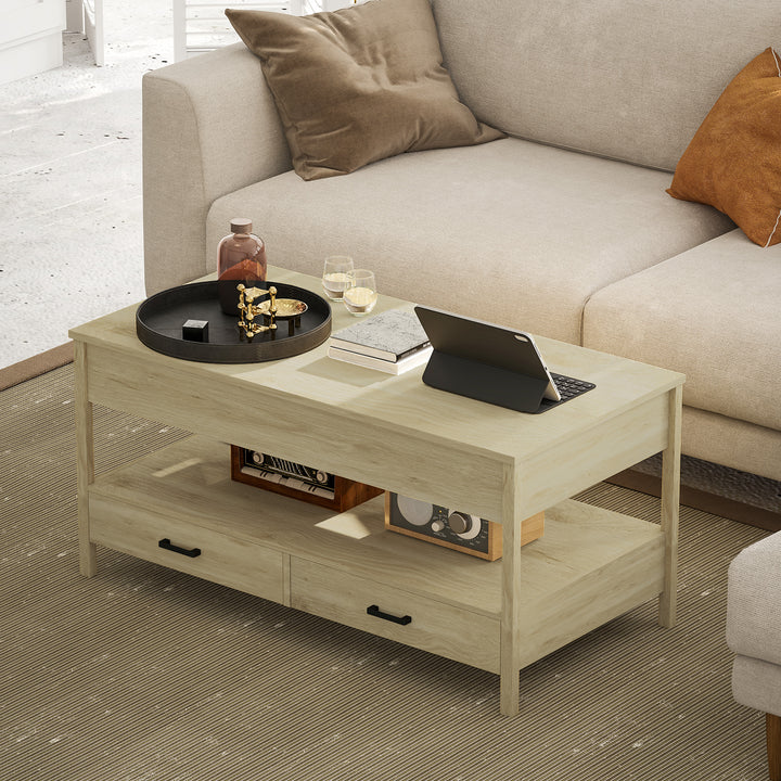 Mesa de Centro Elevável Mesa de Centro com Bancada Elevável Espaço Oculto de Armazenamento Gavetas e Prateleira Aberta 100x50x48-62 cm Carvalho