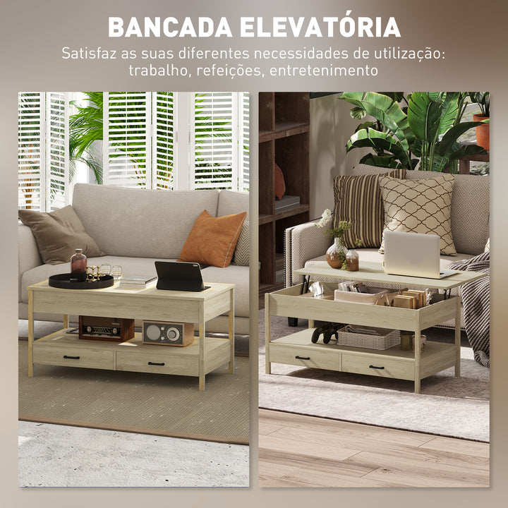 Mesa de Centro Elevável Mesa de Centro com Bancada Elevável Espaço Oculto de Armazenamento Gavetas e Prateleira Aberta 100x50x48-62 cm Carvalho