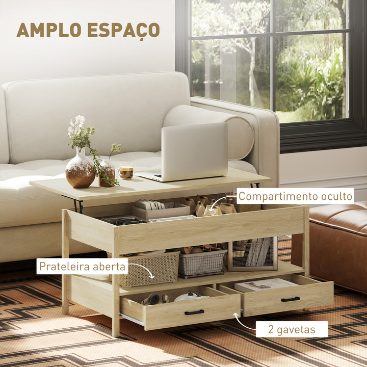 Mesa de Centro Elevável Mesa de Centro com Bancada Elevável Espaço Oculto de Armazenamento Gavetas e Prateleira Aberta 100x50x48-62 cm Carvalho