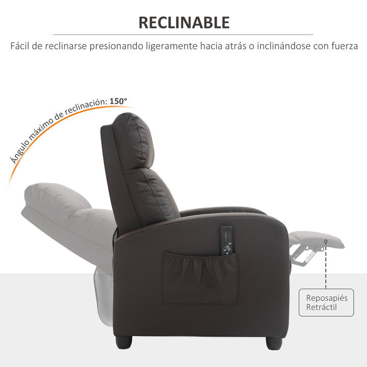 Poltrona de Massagem Poltrona Relax Reinclinável com Controle Remoto 2 Zonas de Massagem 8 Programas 5 Níveis de Intensidade Estofado em PU 68x88x98cm Marrom