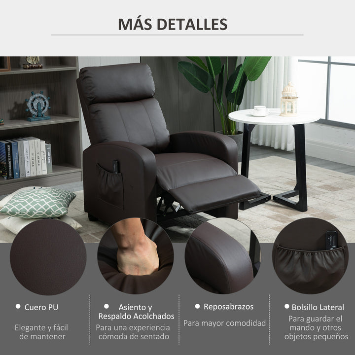 Poltrona de Massagem Poltrona Relax Reinclinável com Controle Remoto 2 Zonas de Massagem 8 Programas 5 Níveis de Intensidade Estofado em PU 68x88x98cm Marrom