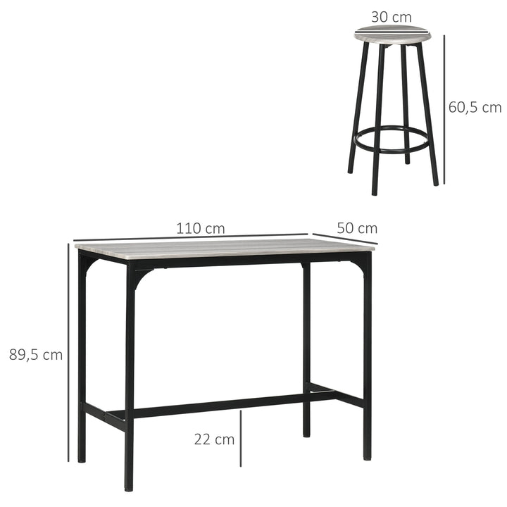 Conjunto de Móveis Altos Mesa e Cadeiras de Bar com 5 Peças Mesa de Refeição Industrial e 4 Bancos Redondos com Estrutura de Metal para Pub Sala de Jantar Cinzento e Preto
