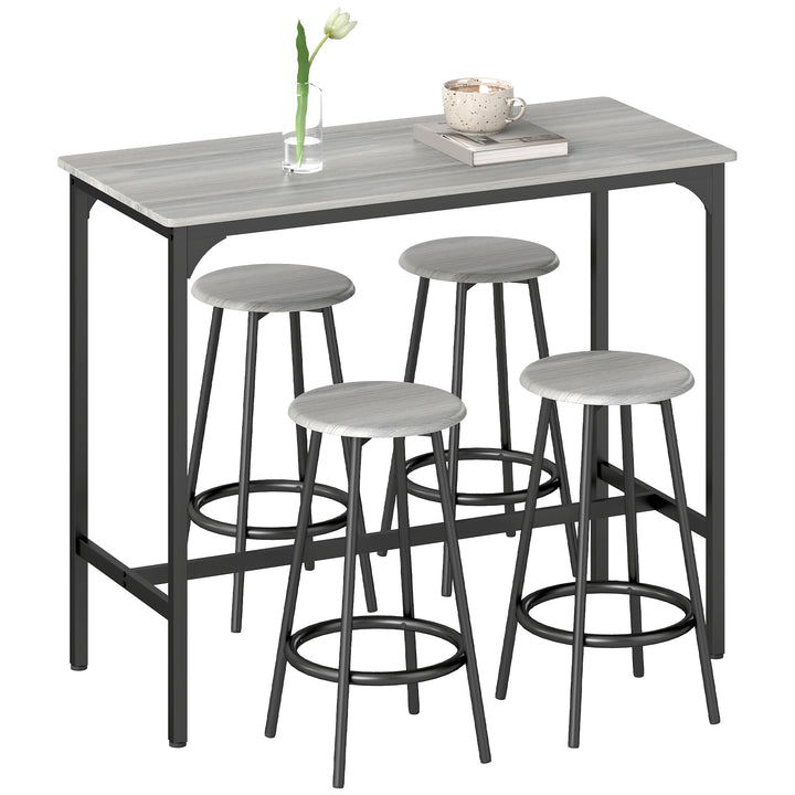 Conjunto de Móveis Altos Mesa e Cadeiras de Bar com 5 Peças Mesa de Refeição Industrial e 4 Bancos Redondos com Estrutura de Metal para Pub Sala de Jantar Cinzento e Preto