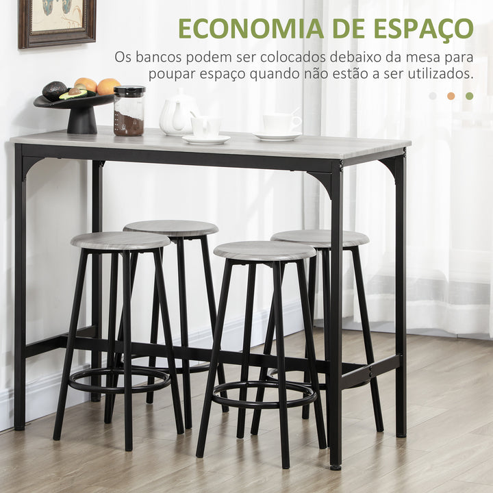Conjunto de Móveis Altos Mesa e Cadeiras de Bar com 5 Peças Mesa de Refeição Industrial e 4 Bancos Redondos com Estrutura de Metal para Pub Sala de Jantar Cinzento e Preto
