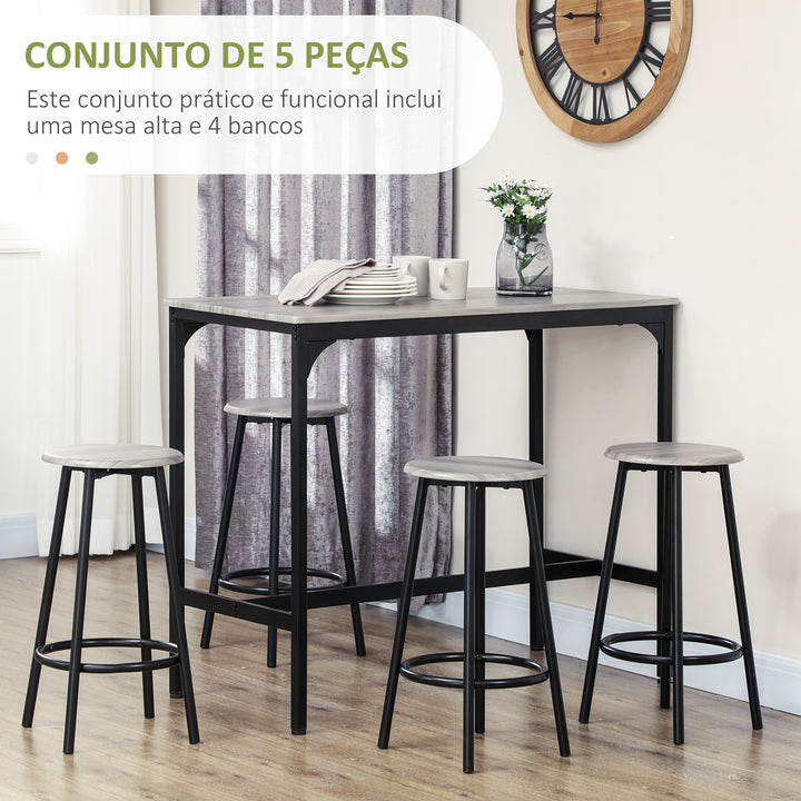 Conjunto de Móveis Altos Mesa e Cadeiras de Bar com 5 Peças Mesa de Refeição Industrial e 4 Bancos Redondos com Estrutura de Metal para Pub Sala de Jantar Cinzento e Preto