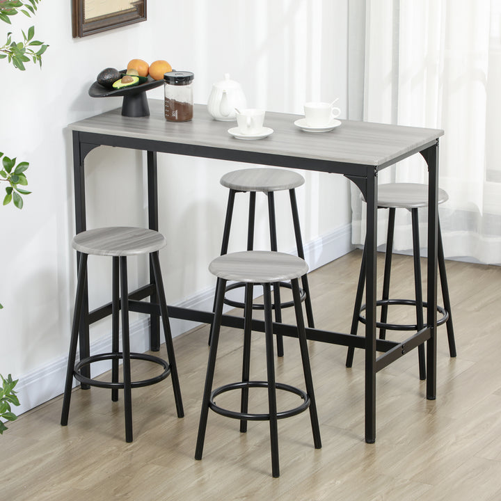 Conjunto de Móveis Altos Mesa e Cadeiras de Bar com 5 Peças Mesa de Refeição Industrial e 4 Bancos Redondos com Estrutura de Metal para Pub Sala de Jantar Cinzento e Preto