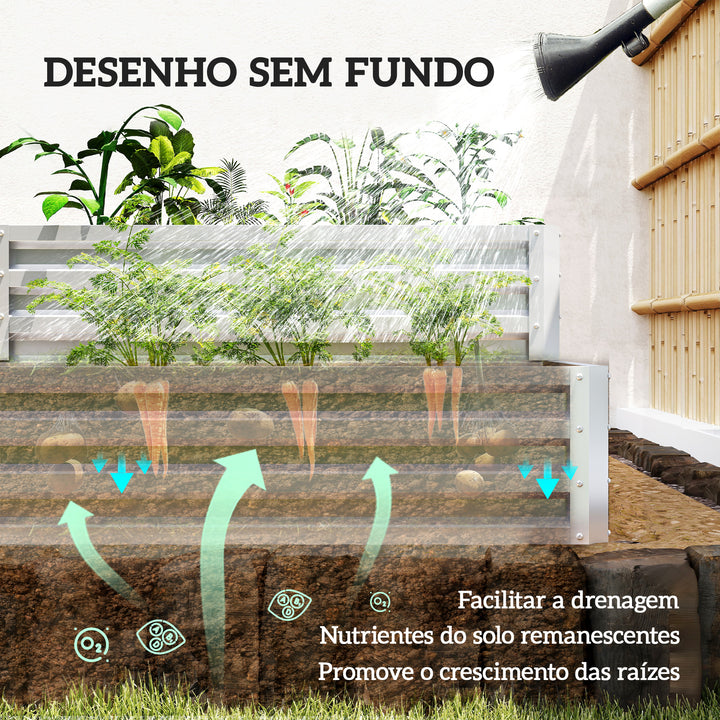 Caixa de Cultivo de 2 Níveis em Aço Galvanizado Floreira Exterior com Design em Escada e Fundo Aberto para Cultivo Plantas Herbári, para Terraço Jardim 120x101x58 cm Prata